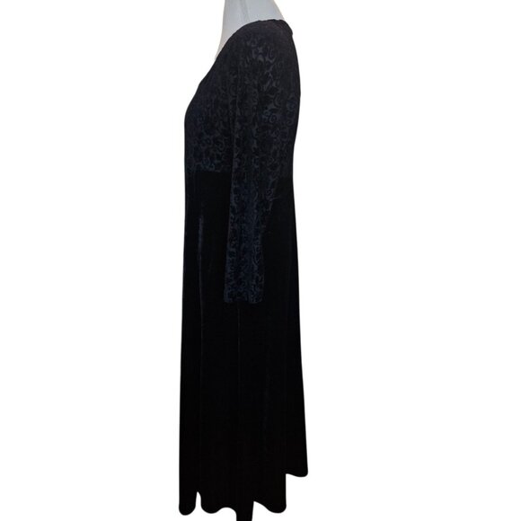 VTG 90s Black Velvet Long Dress‎ Midi To Maxi Longsleeve Gothic Sz L Stretchy - Picture 6 of 10